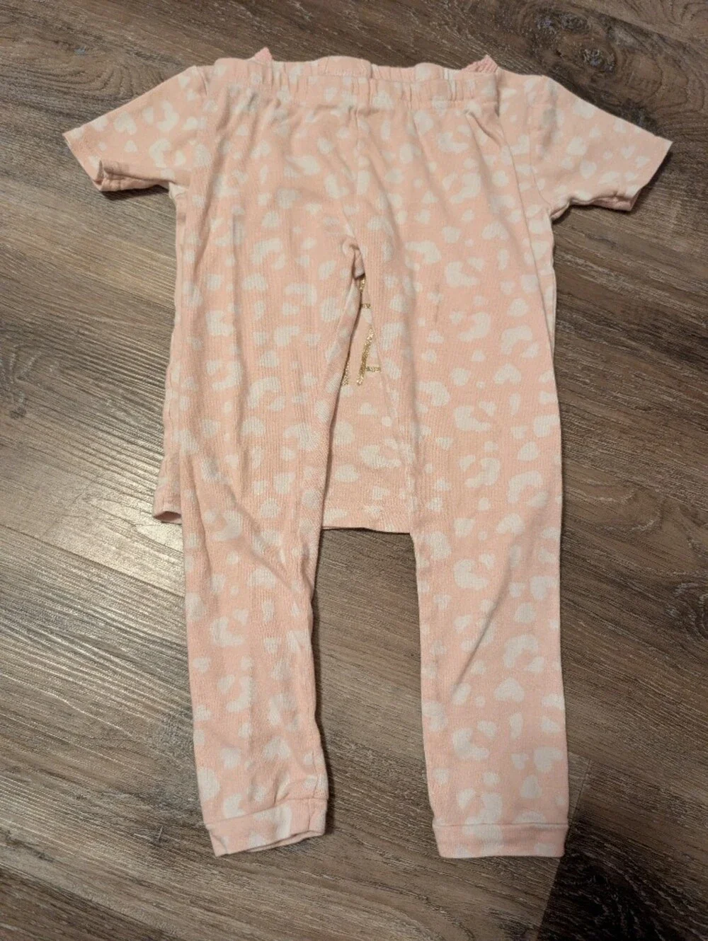 Girls Pink Heart-Pattern Pajama Set with Gold 'Cat Nap' Graphic
